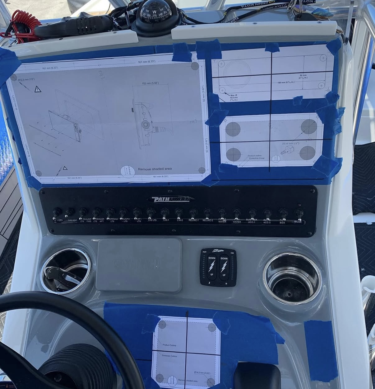 Brand new Pathfinder console with mounting templates taped for cutting